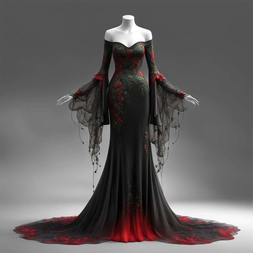slim elf dress on a dress form, black, red, fantasy core, fa...