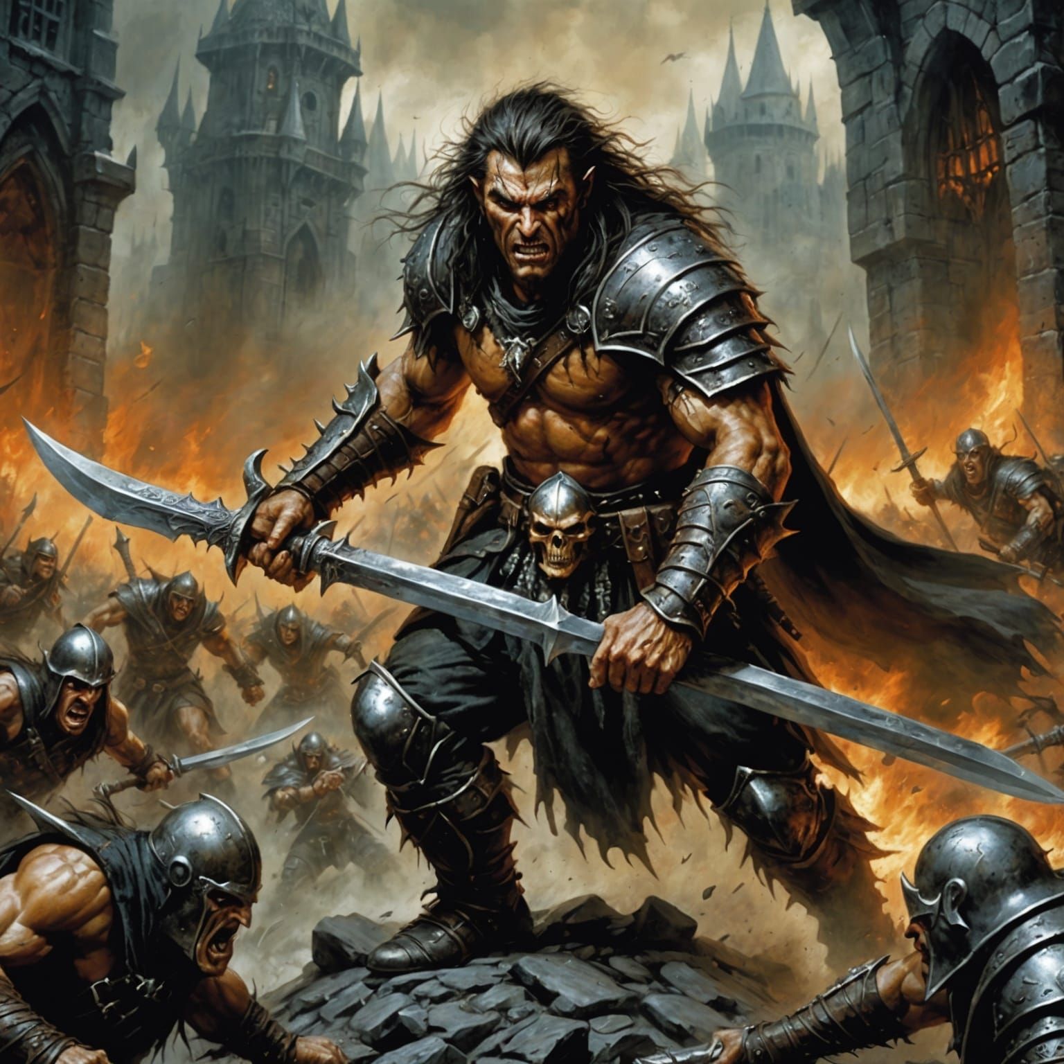 Hobgoblin barbarian cleaving his way through human defenses