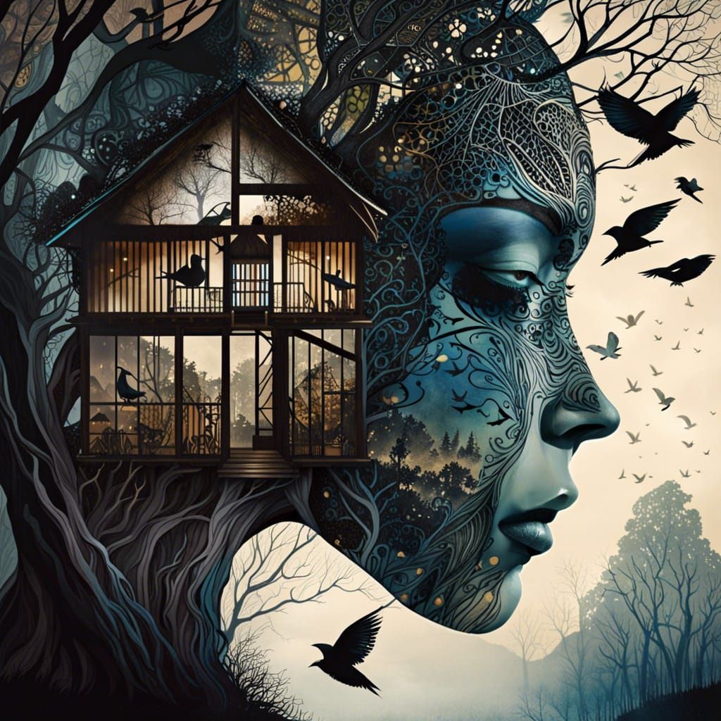 Zentangle Double Exposure: Face, Treehouse, Birds