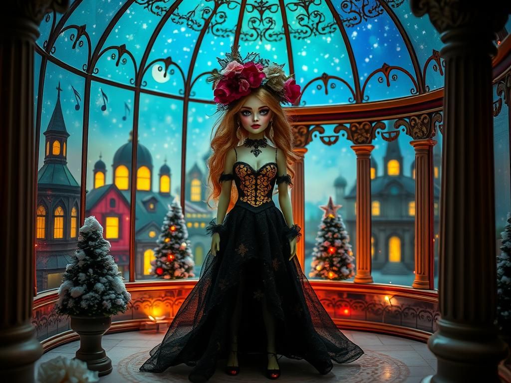 Christmas Goth Dollhouse in Stained Glass Cityscape