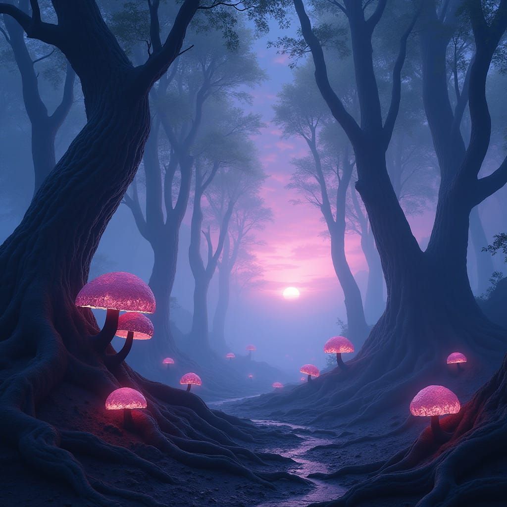 Mystical Forest Landscape with Twisted Tree Roots and Glowin...