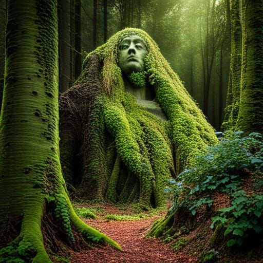 a classic statue covered with vines on its structure in the forest ...