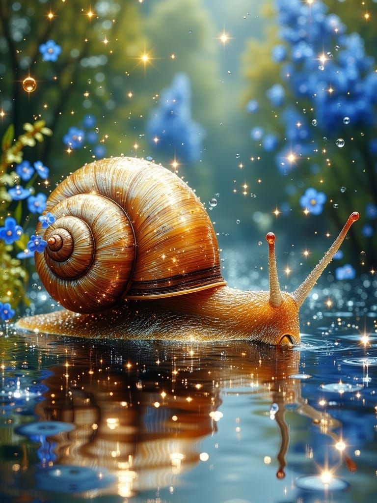 <lora:Exquisite Flux:1.0> Snail with two horns, multicolored artwork, reflection summer droplets beautiful snail portrait and blue flowers,...