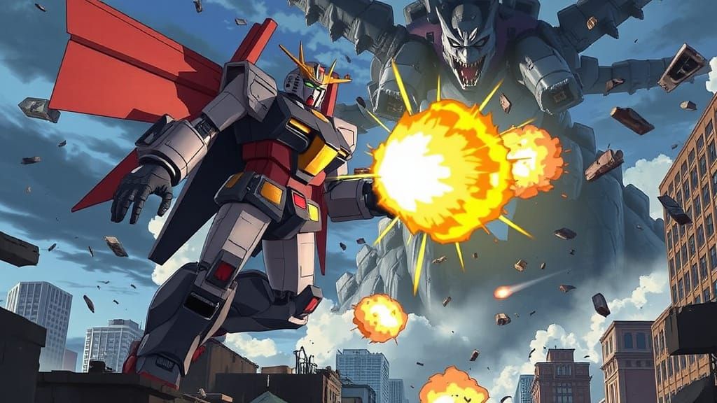 A powerful mecha robot unleashing a devastating beam attack from its chest cannon, aimed at a colossal, monstrous kaiju. The cityscape below...