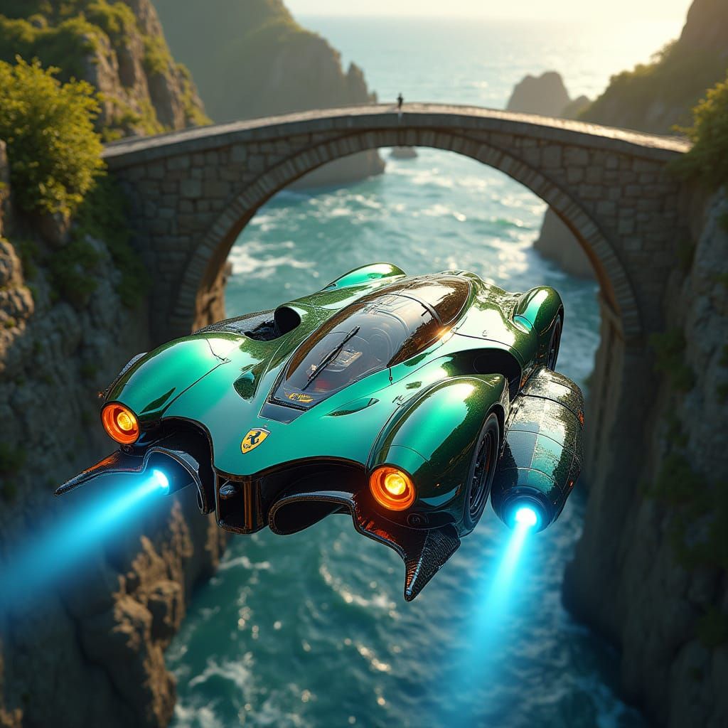 Futuristic Sports Car Soaring Above Ancient Bridge