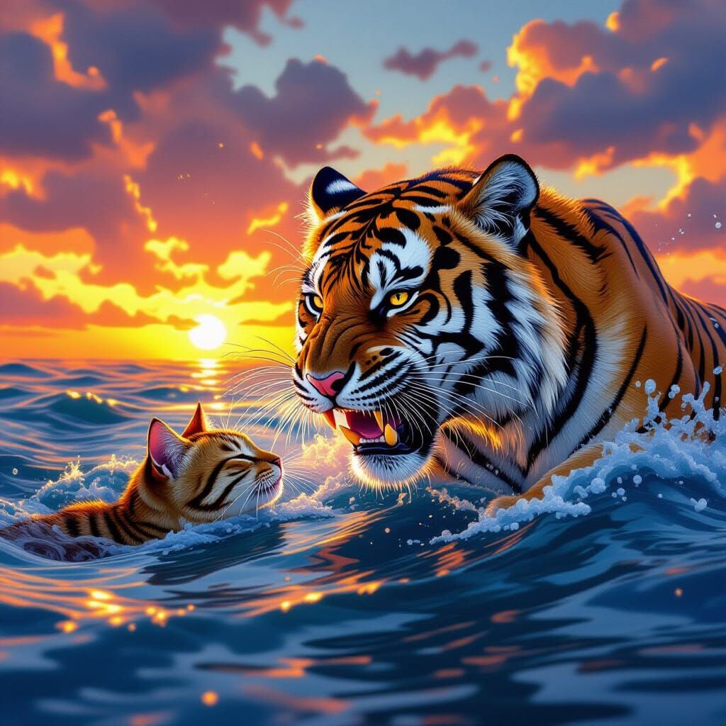 Tiger Devouring Cat at Sunset in Hyperrealistic Style