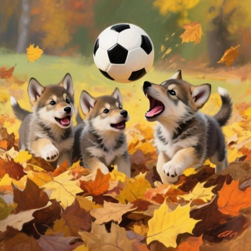 Adorable wolf pups playing soccer
