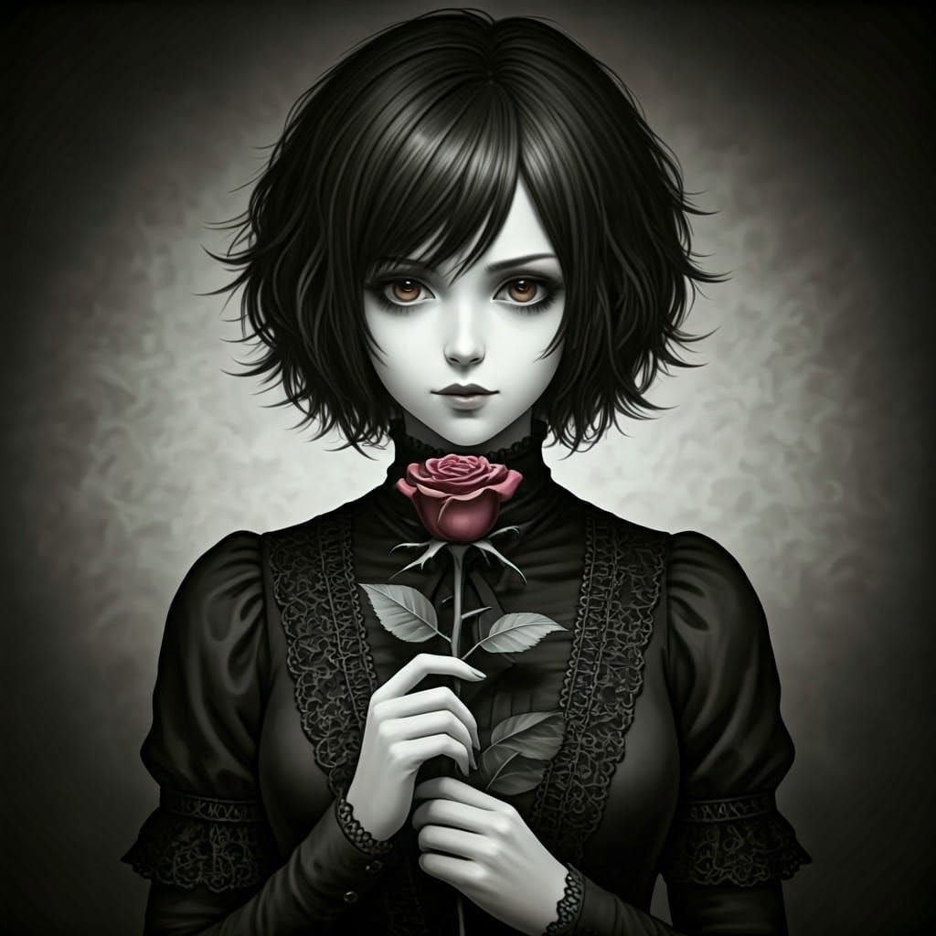 Gothic Anime Woman with Victorian-Inspired Attire and Red Ro...