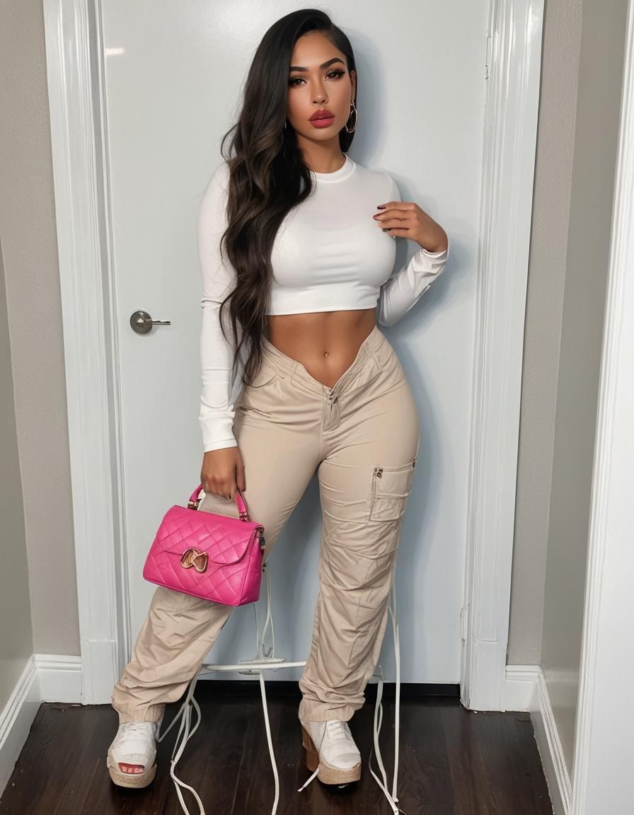 Pretty Hispanic girl, big lips, curvy/skinny body build, sty...