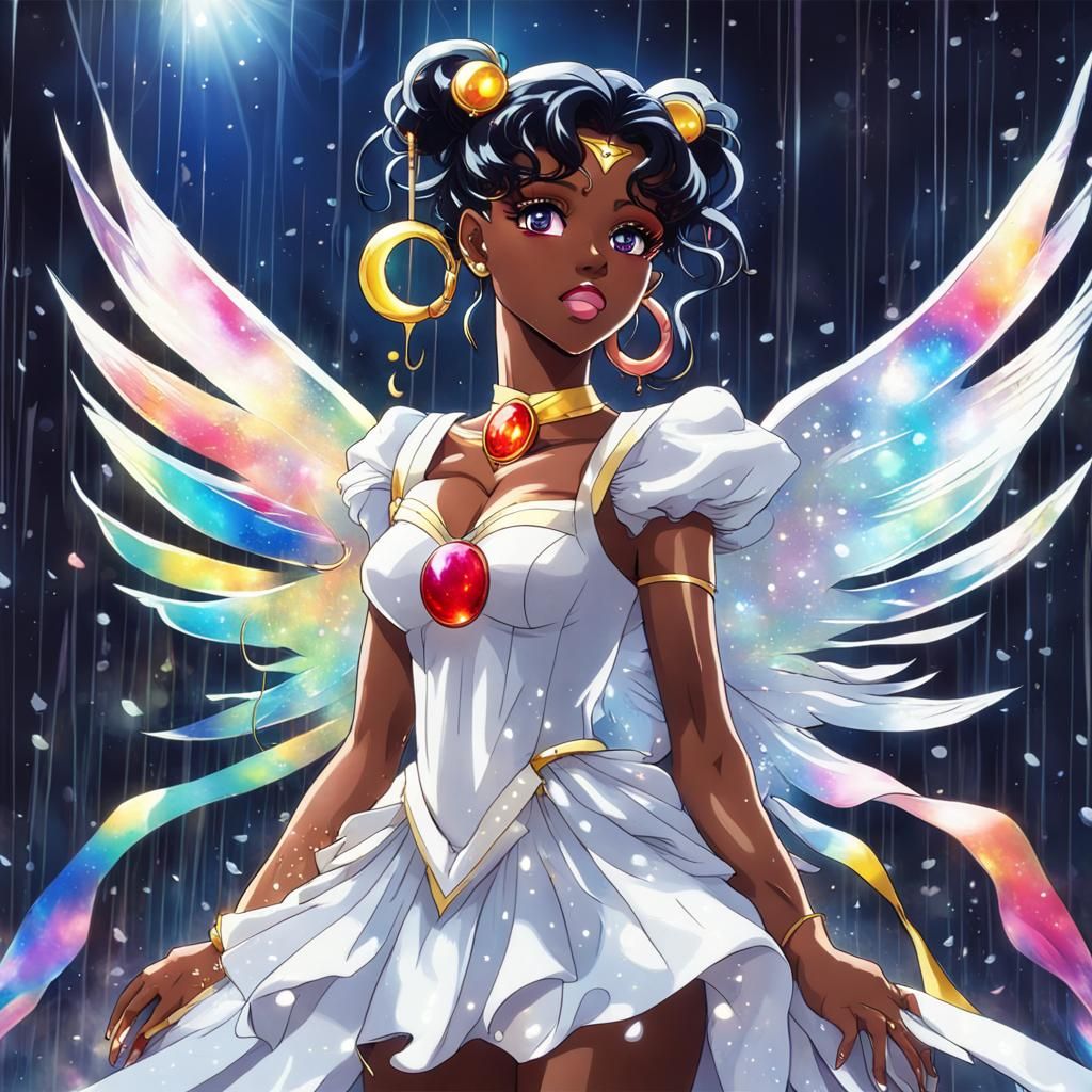 "Beautiful ebony Sailor moon under a cristal rain with a bea...