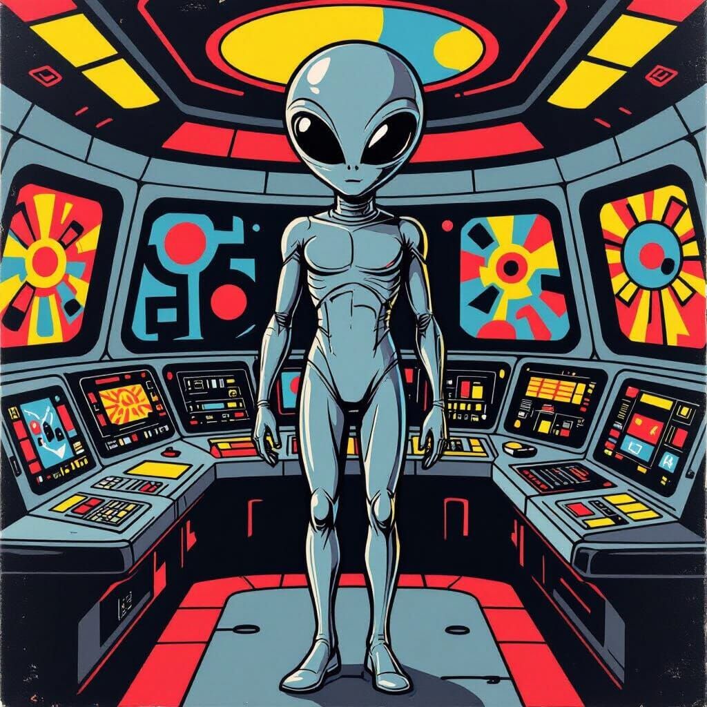 A genderless gray alien in a gray bodysuit, on the bridge of a spaceship, drawn in a pop art style.