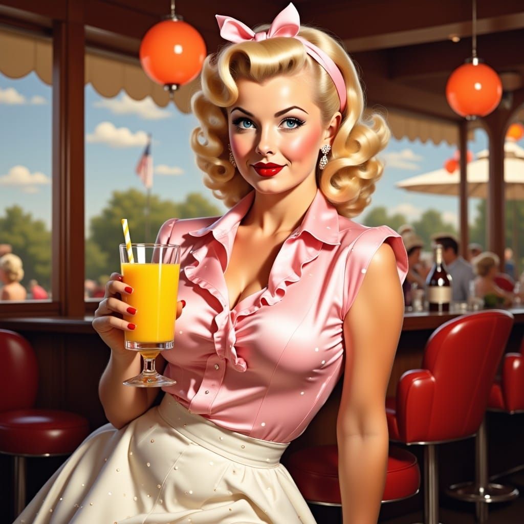 <lora:PinupFlux:1.0> full body portrait of a beautiful pin up blond hair, blue eyes, pink blouse with ruflles, white skirt with pattern dots...