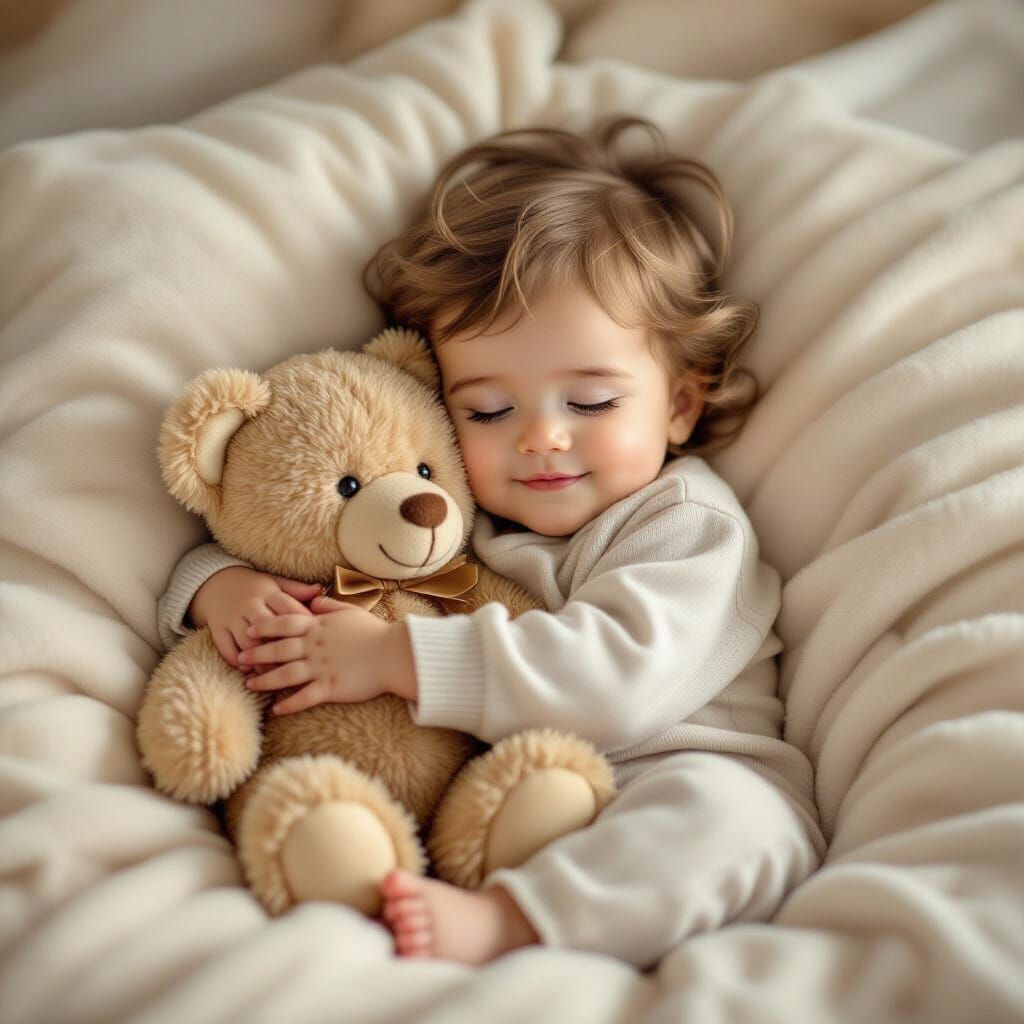 Infant Hugging Teddy Bear in Whimsical Style
