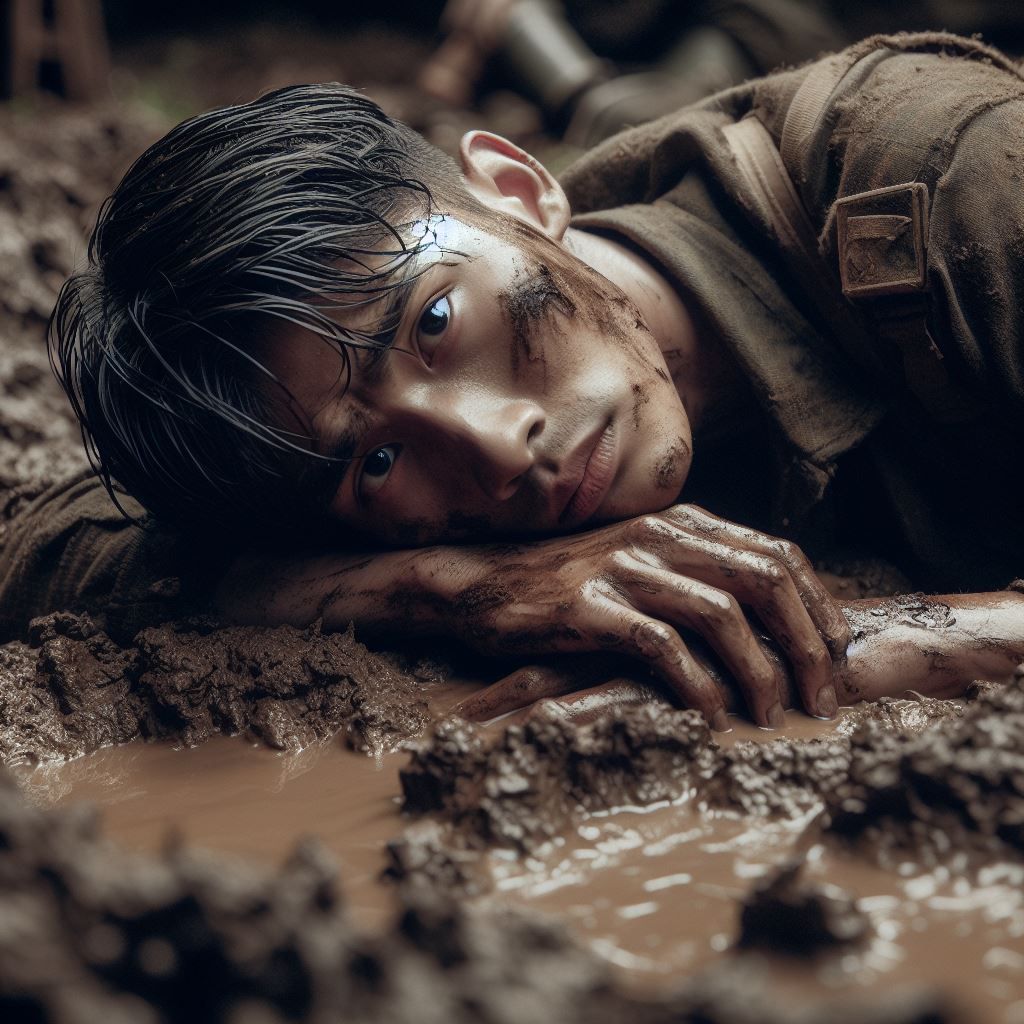 Soldier laying in the mud