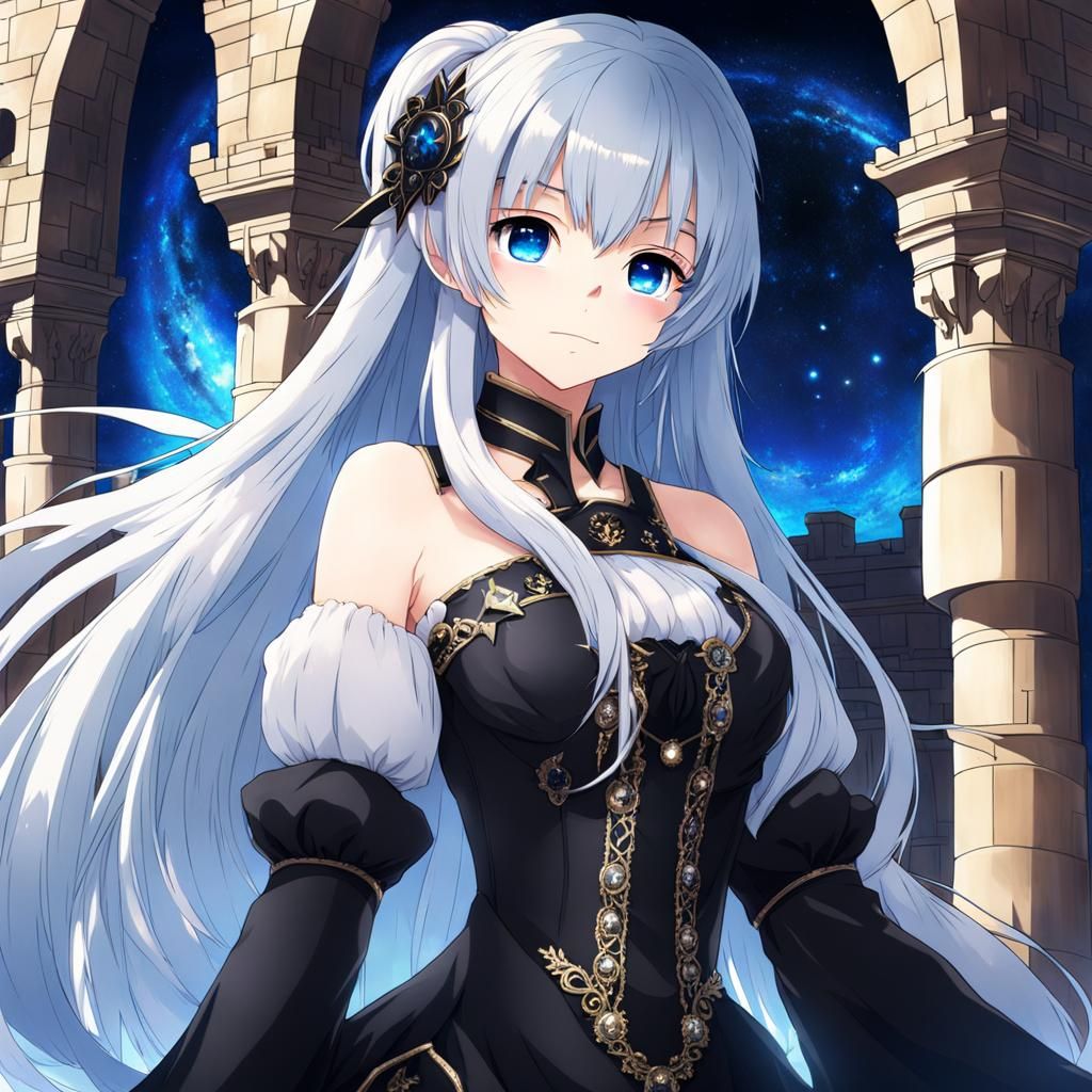 Cute girl with galaxy hair Blue eyes and black long dress in...