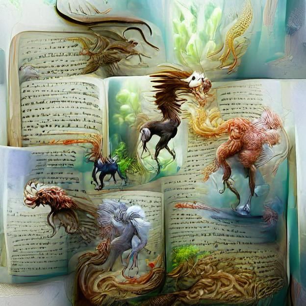 Mythical creatures coming out of a book.Fantasy art