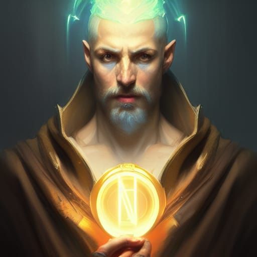 light mage male, casting spell head and shoulders portrait, ...