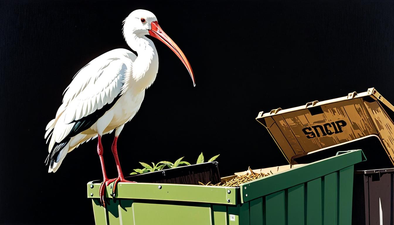 white ibis "bin chicken" perched on the edge of a dumpster. ...