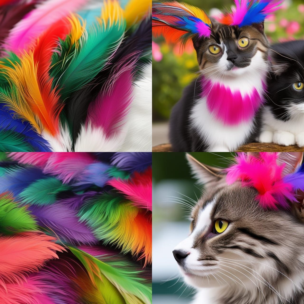 Cats and dogs with multicoloured feathers for fur
