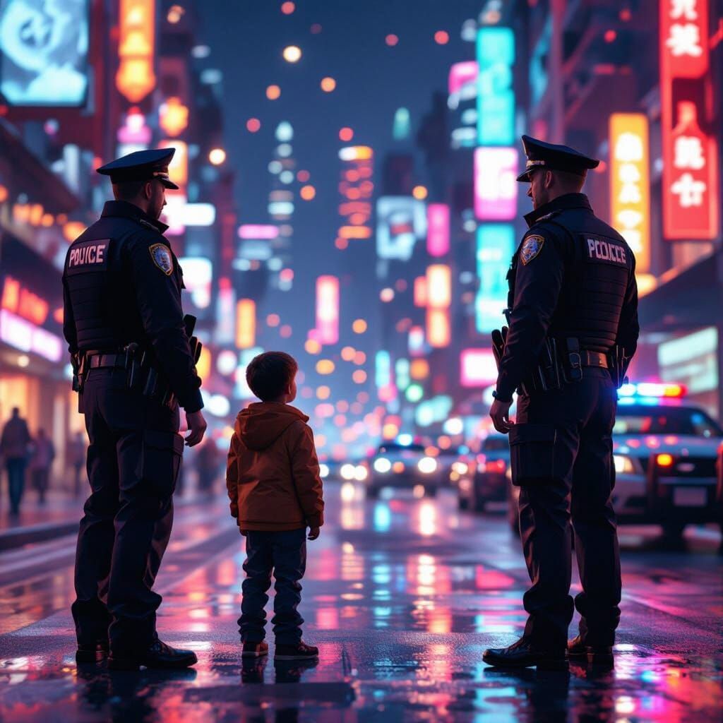 Father and Son Observe Police Officer in Cinematic Scene