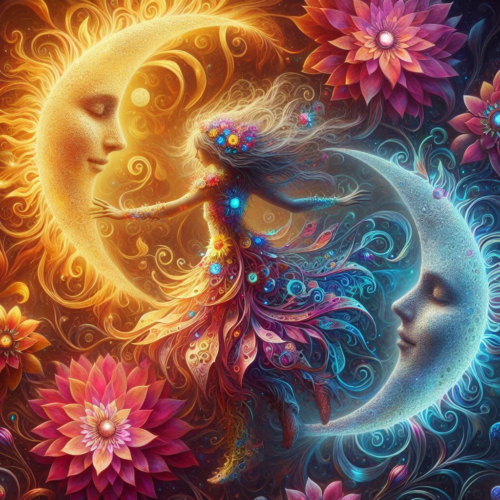 woman dances among vibrant flowers made from sun and moon elements