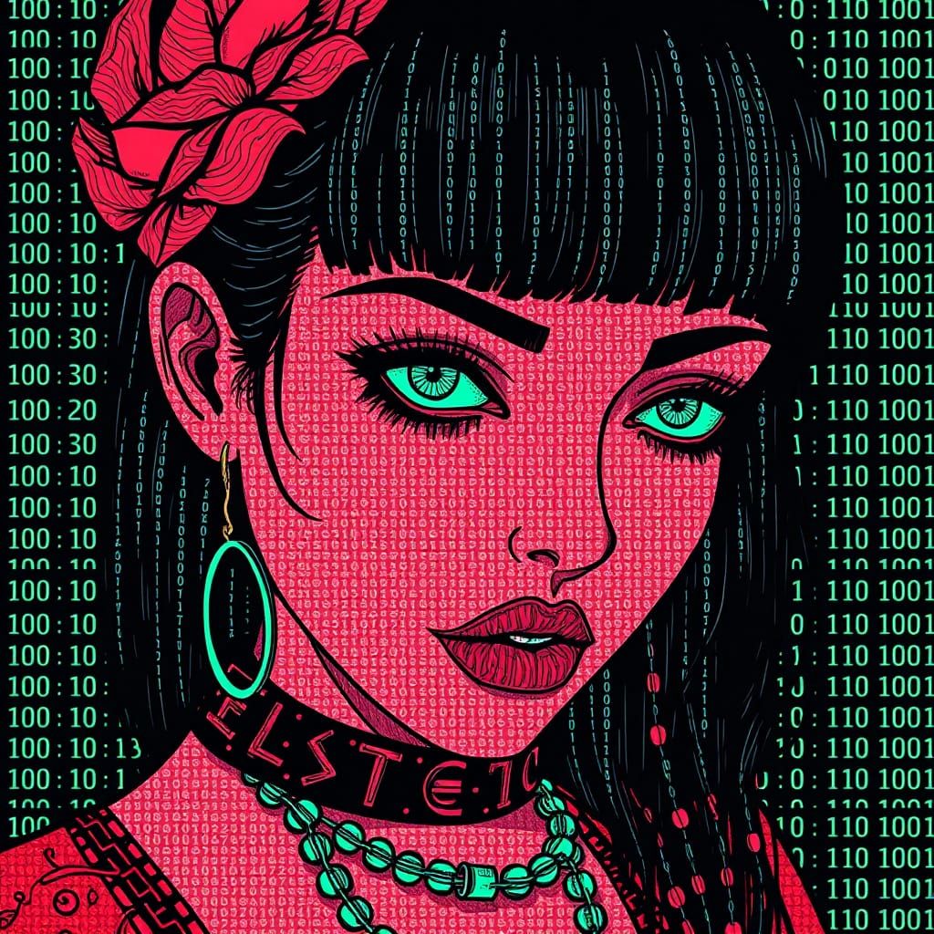 Mesmerizing Cyberpunk Dreamgirl in Binary ASCII Art