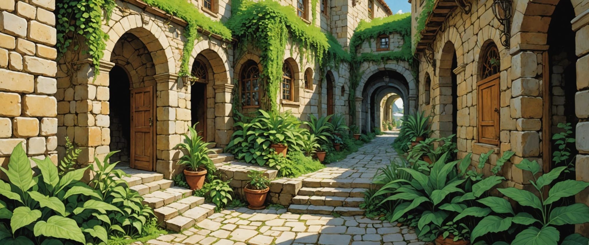 quaint naive scene, serene smiling spiritual faces in everything, mysterious passageways, faces in stone walls, arches, ferns, comic book st...
