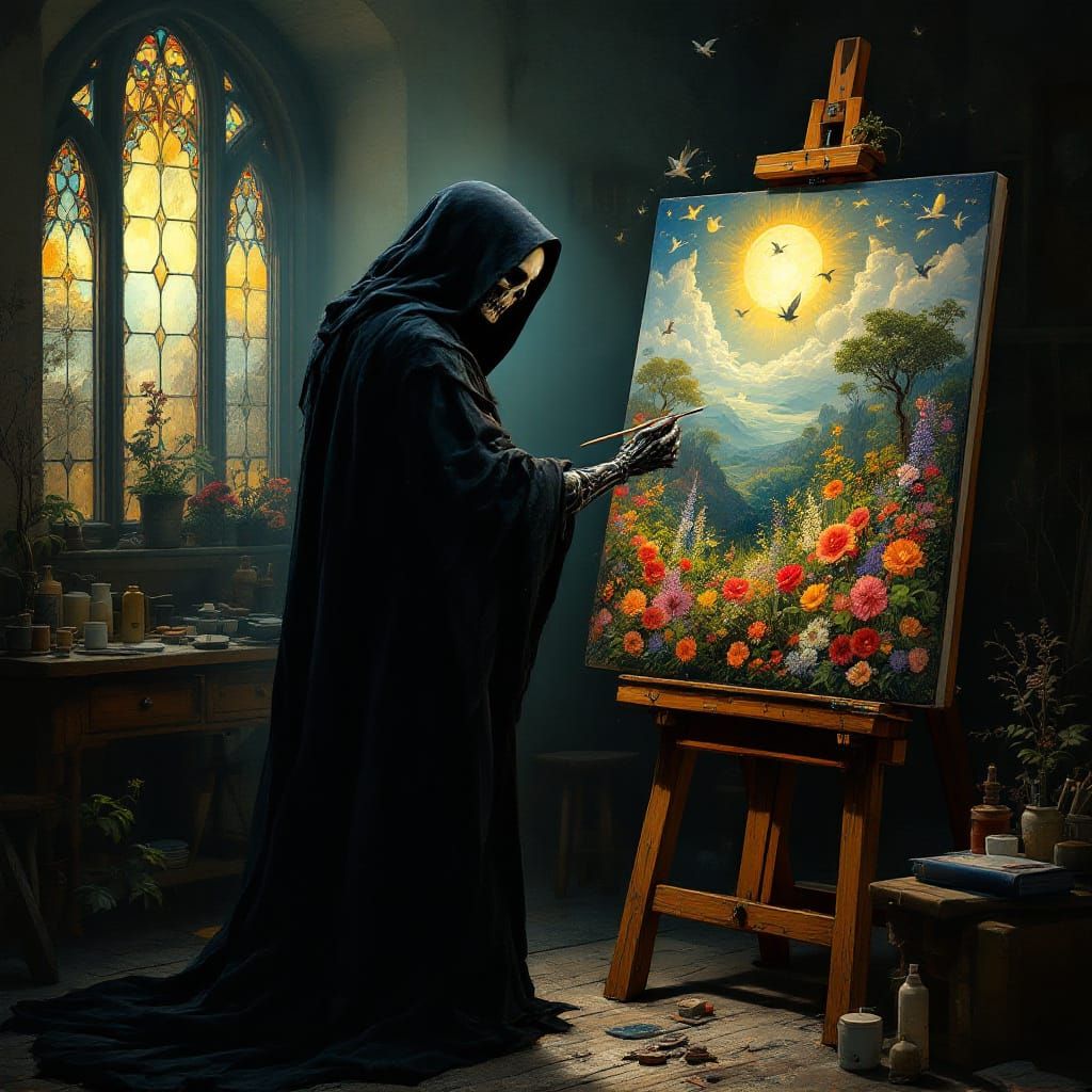Grim Reaper standing in an art studio  by @Dimzdey 
