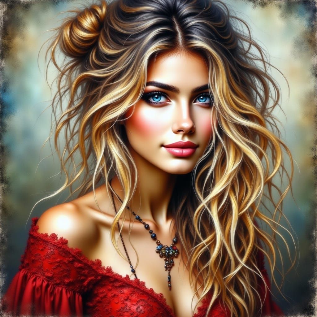<lora:Beautiful women:1.0> portrait of a beautiful stunning woman messy blonde bun blue eyes wispy around her face in a fine red lace top g...