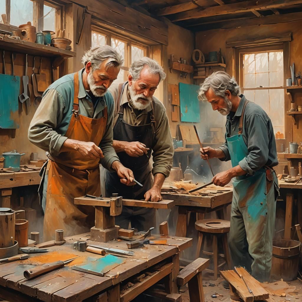 Impressionist Carpenter Teaching Kids in Workshop