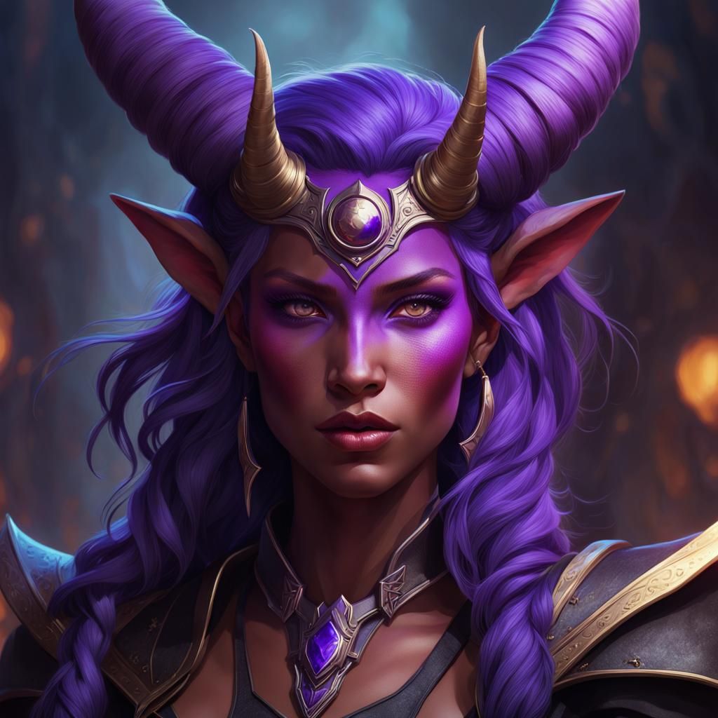 female tiefling with purple skin and a horn on each side of her head ...