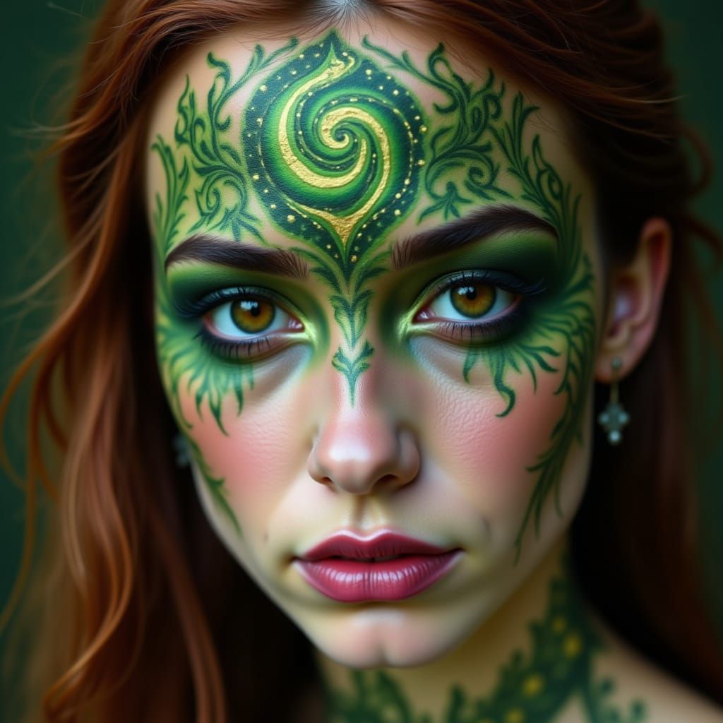 <lora:FaceWorx:1.0>brunette brown eyes FaceWorx: FaceWorx: Celtic Verdant Spiral makeup