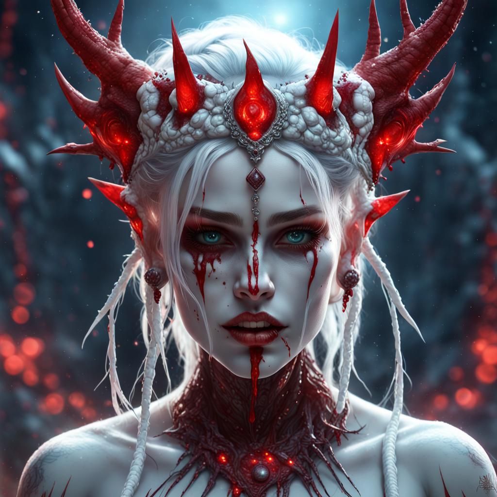 White demon girl white crown braid red bloody scars red facial ...