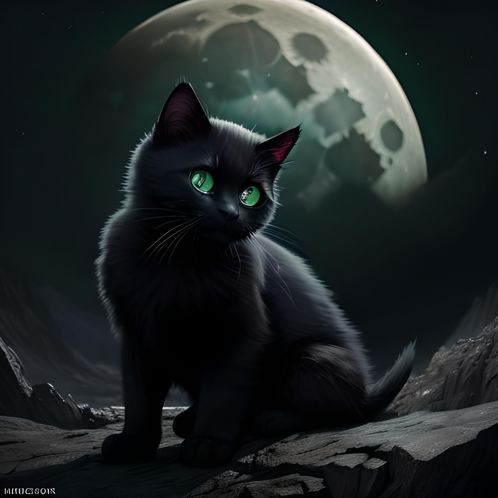 a green eyed with black fur kitten looking at the moon