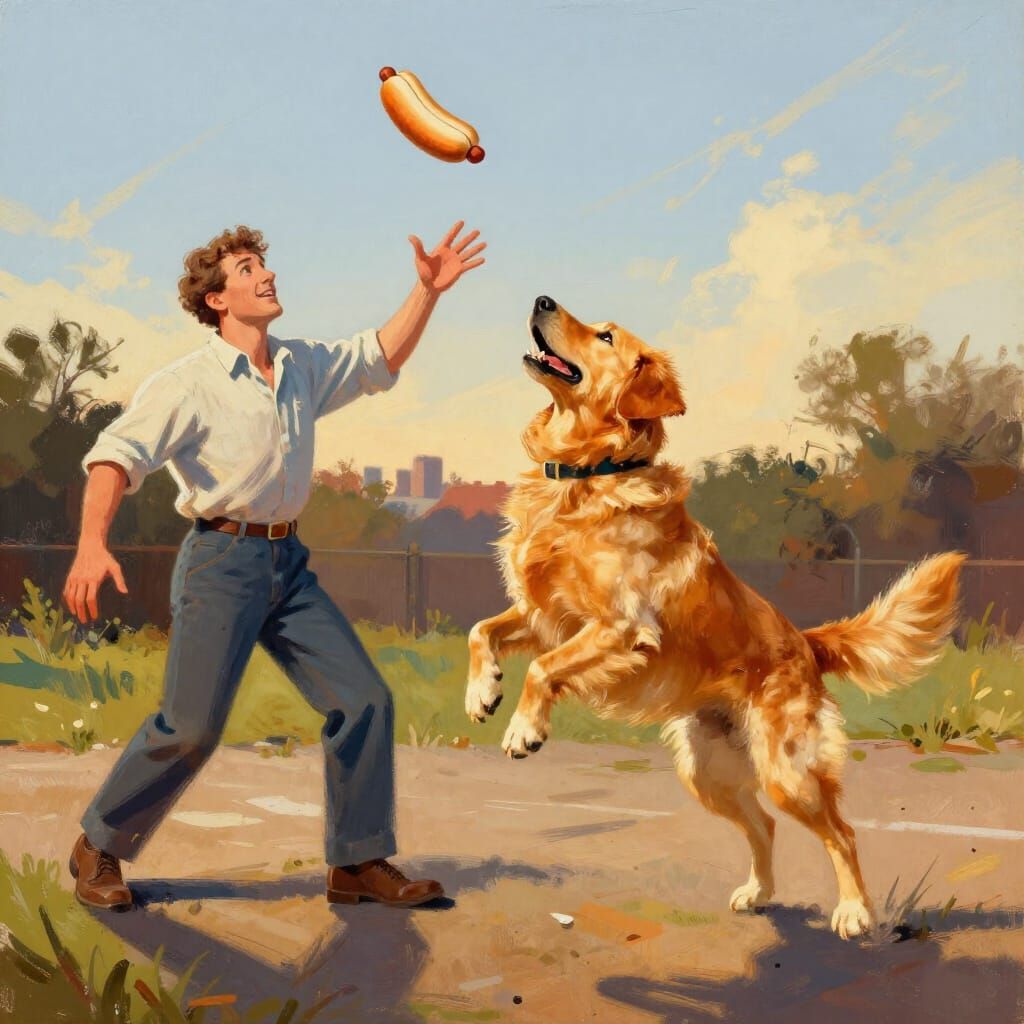 Man Throws Hot Dog, Dog Leaps to Catch in Digital Painting
