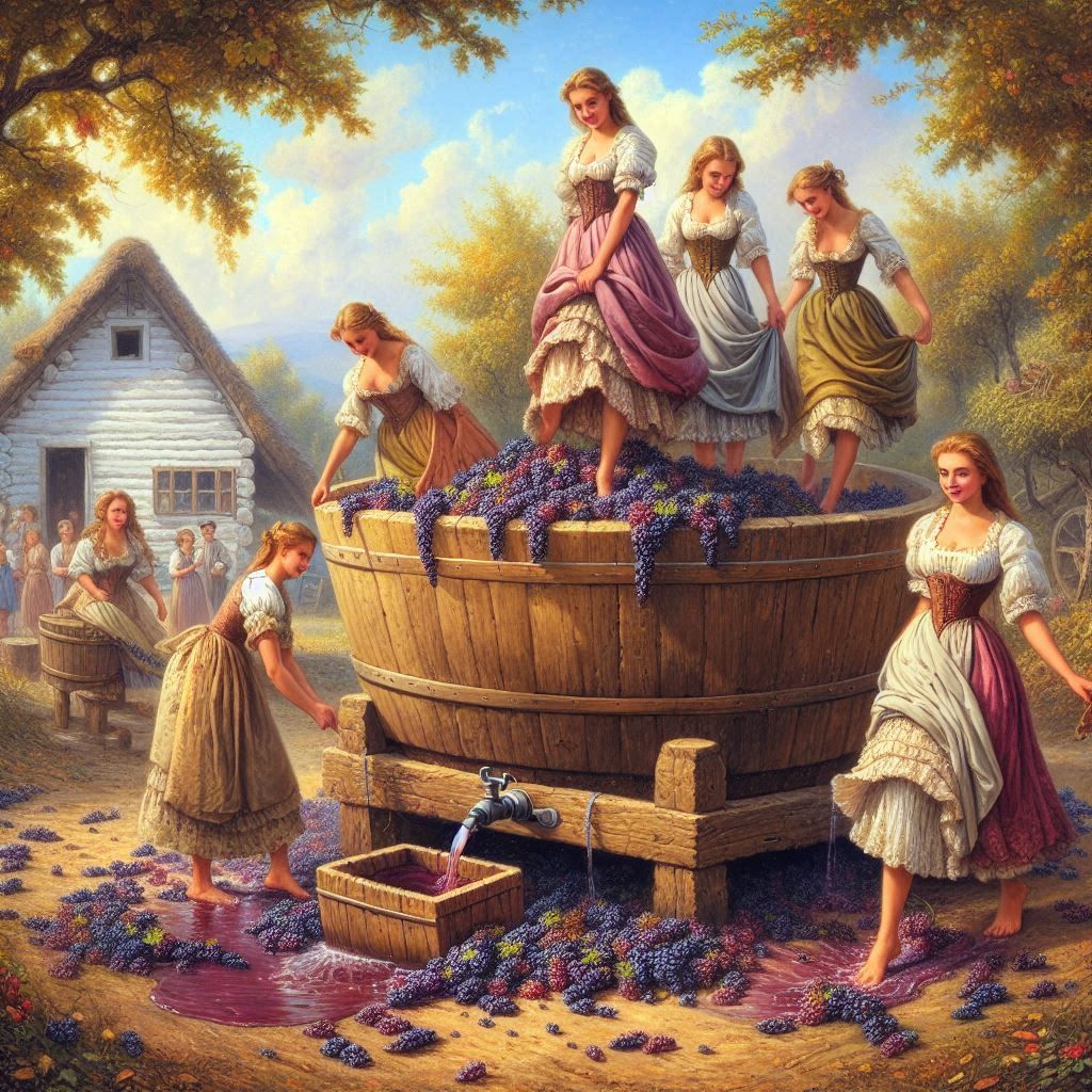 Grape harvest for 20th century farmers.Grape harvest and grape trampling