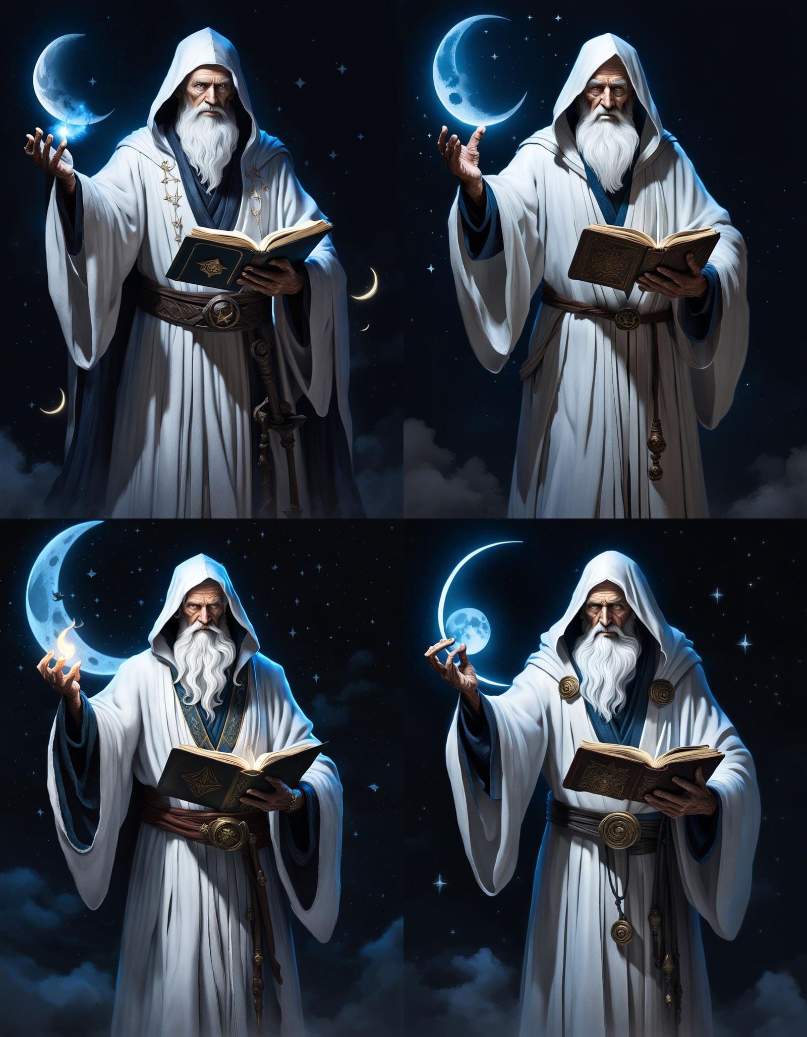 (An old, wise and whimsical sorcerer casting a spell, wearing simple white flowing robes and holding an ancient tome:1.5...