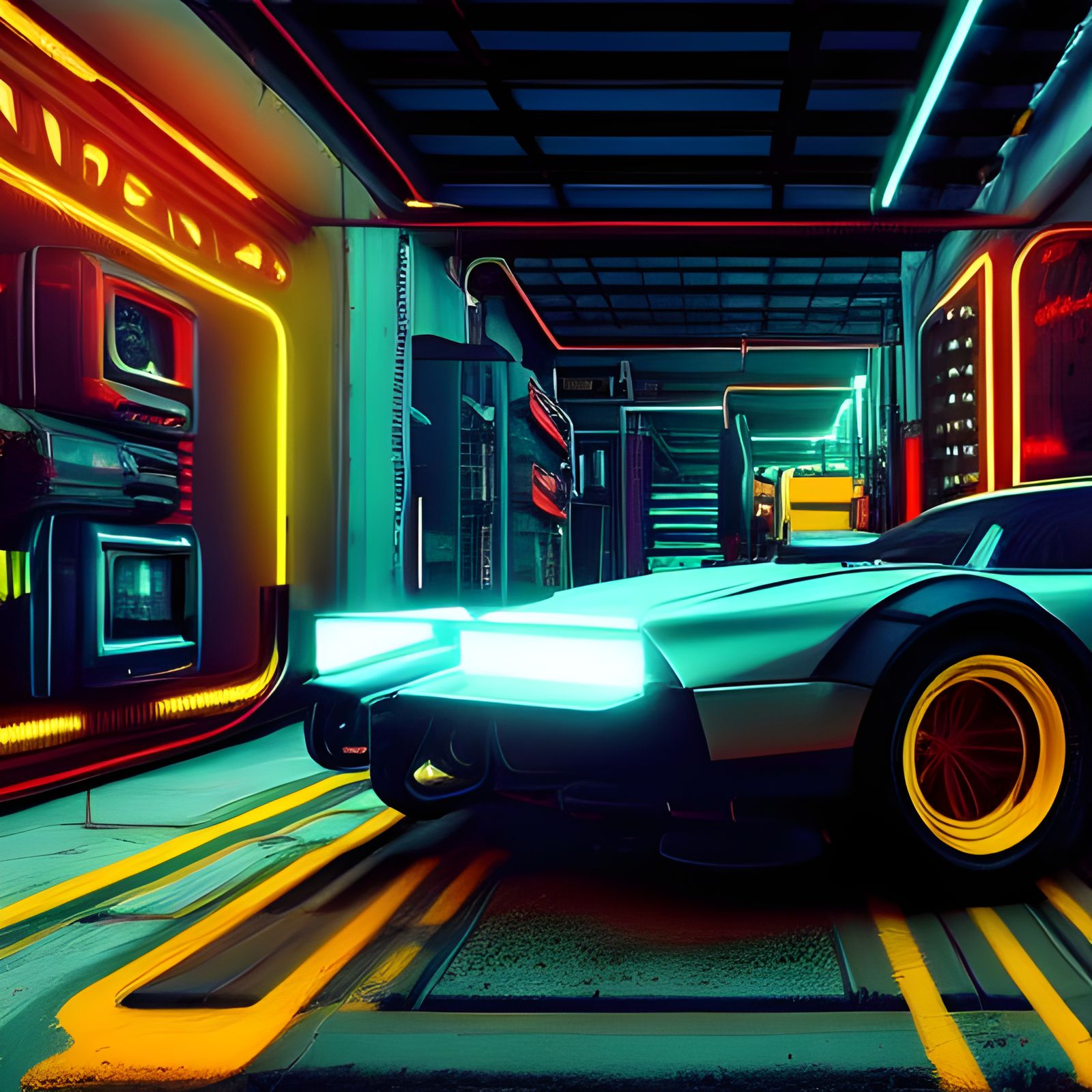 Cyberpunk car garage repair shop AI Generated Artwork NightCafe Creator