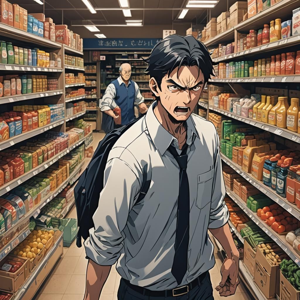 a very angry man at a grocery store