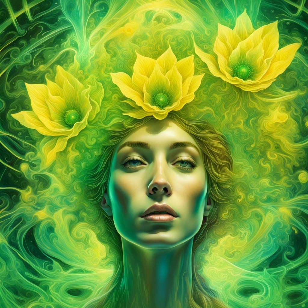 Cellophane flowers of yellow and green Towering over your head - AI ...