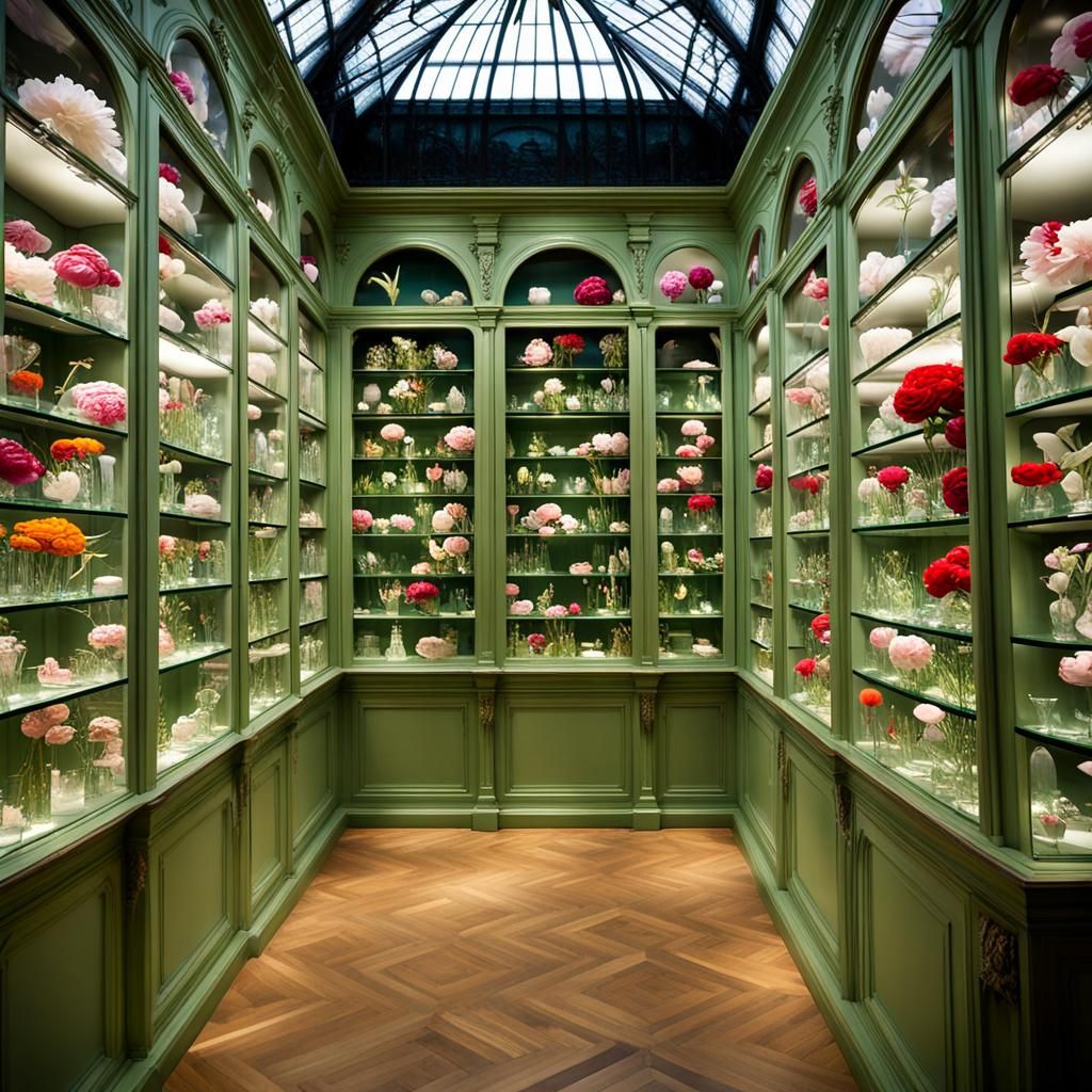 Museum of flowers in Paris, shelves of flowers, old mint green pharmacy