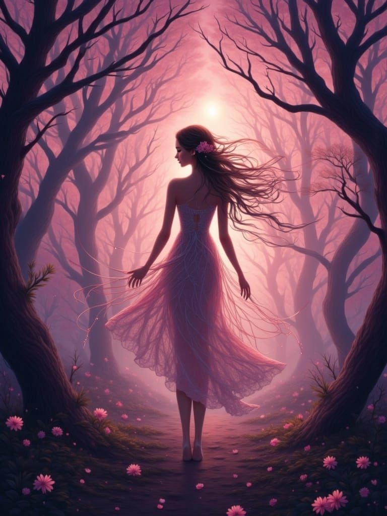 Laced strings wind around a woman caught by the tension of the cords attached to the surrounding trees of a fae forest glade during the dawn...