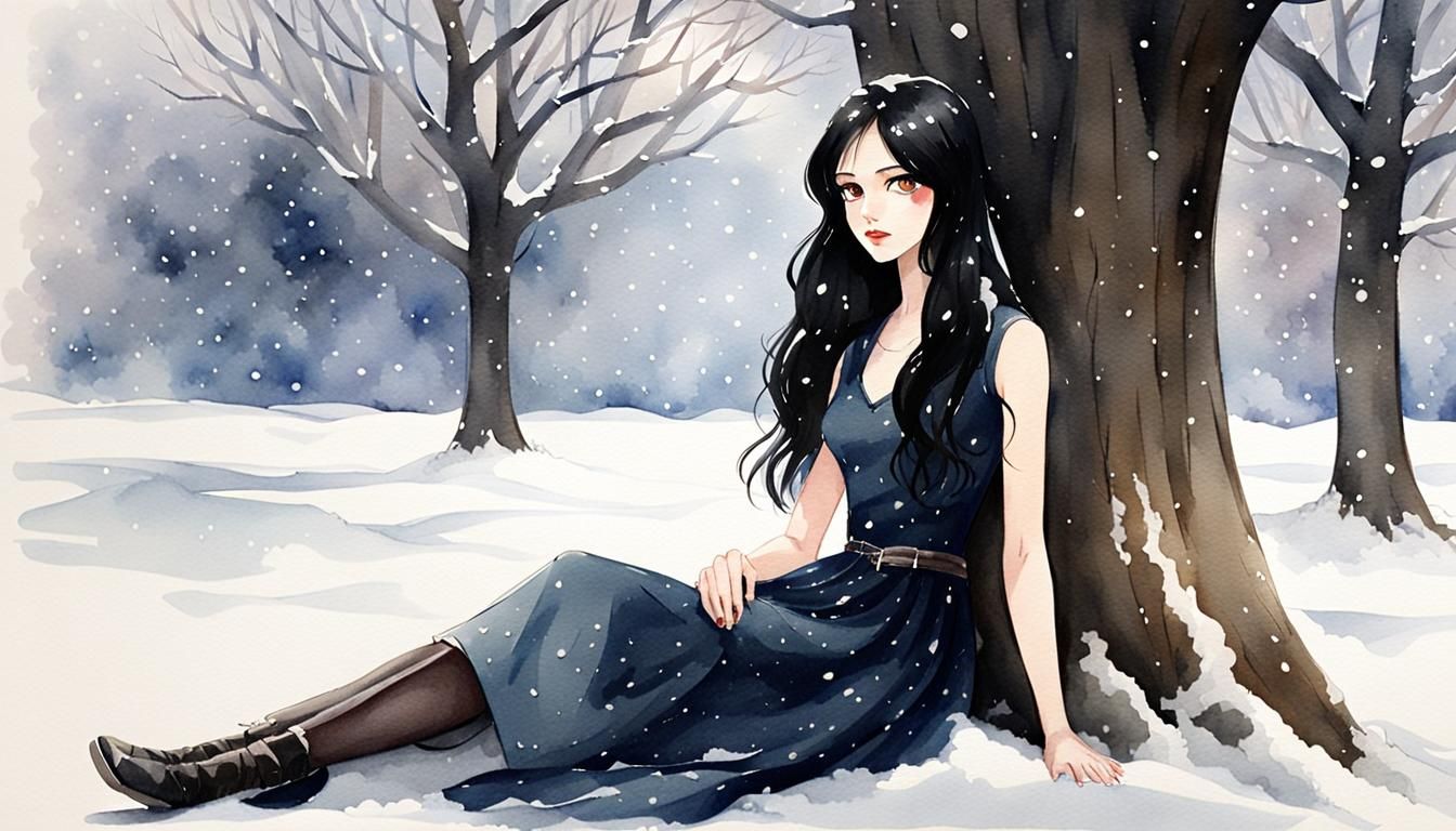 A watercolor of a long black haired teenager with pale skin ...