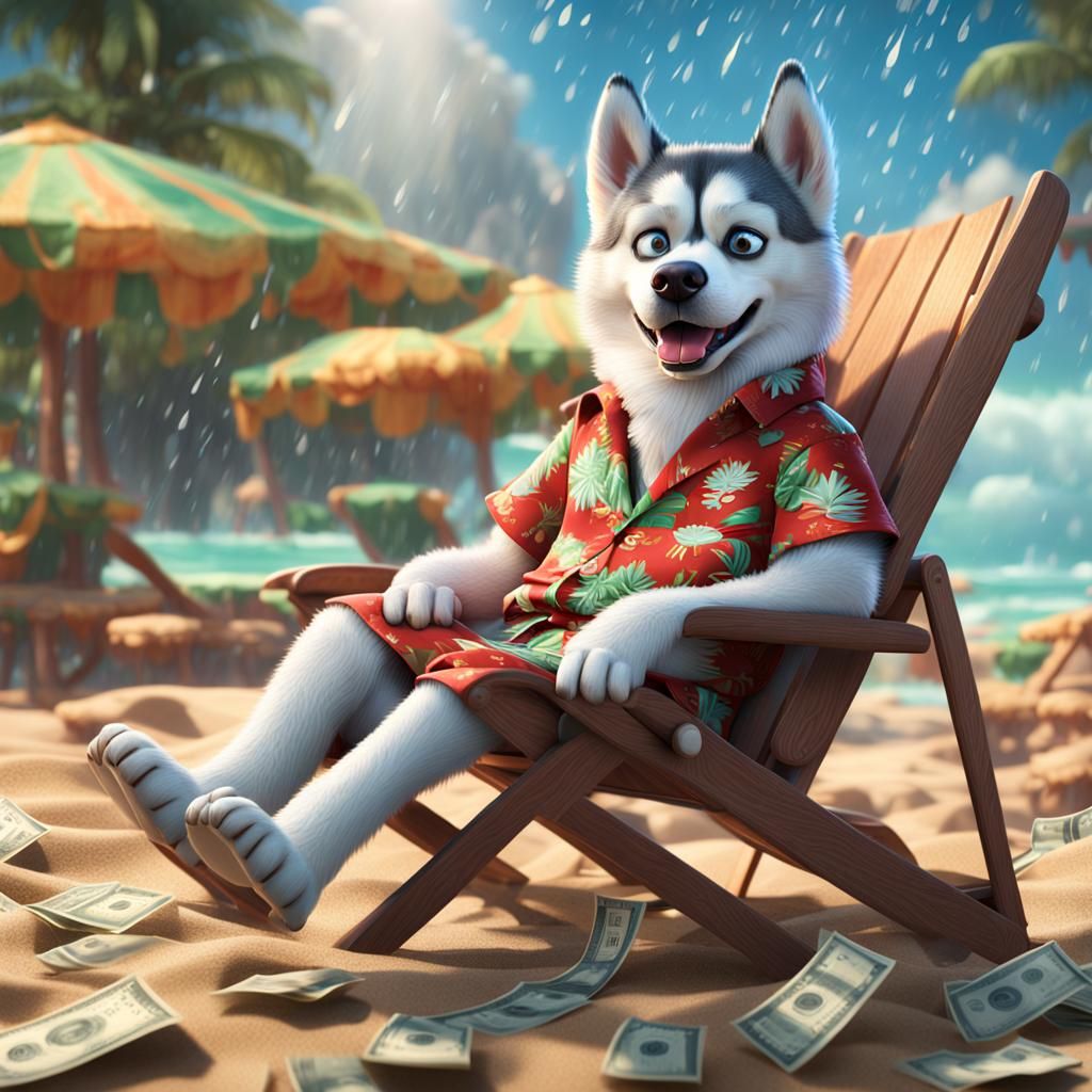 A Pixar style image of a husky dog wearing a Hawaiian shirt ...