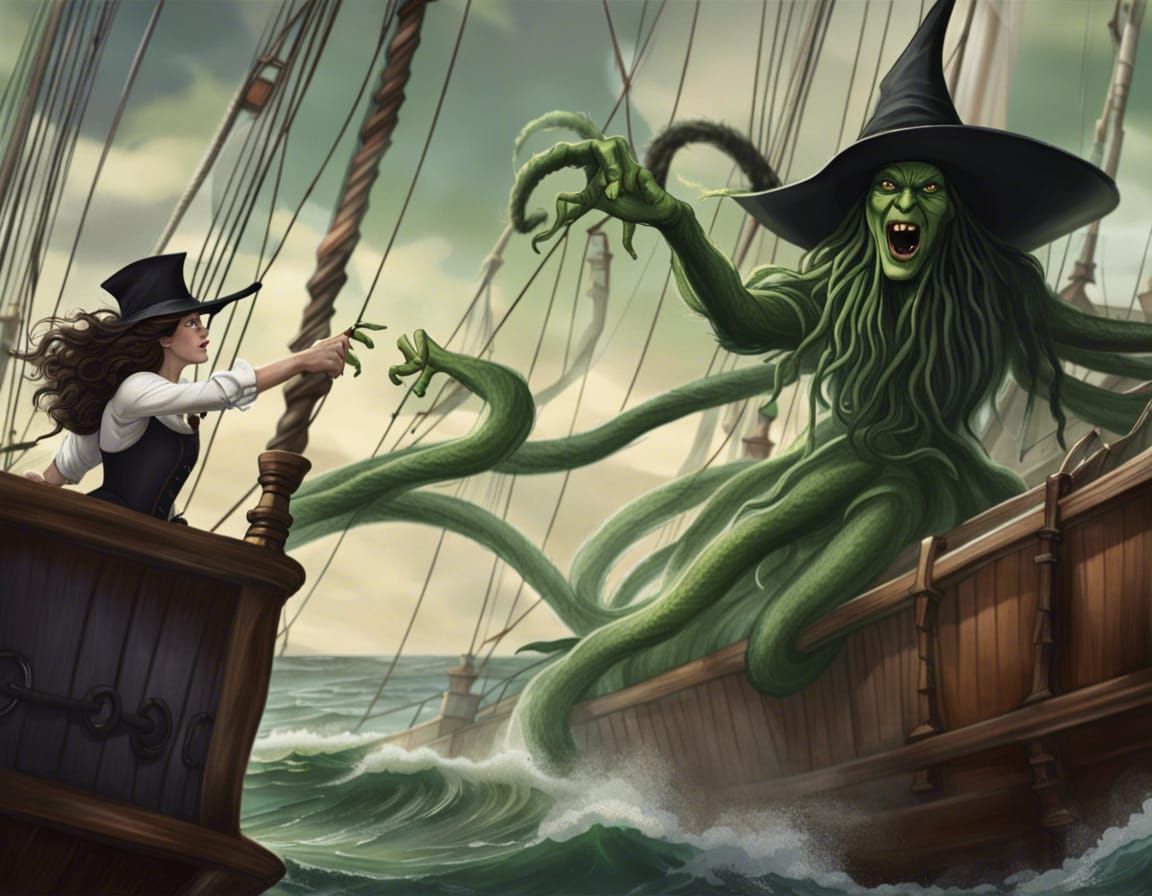 The wicked witch of the west battles the Kraken while at sea on a tall ...