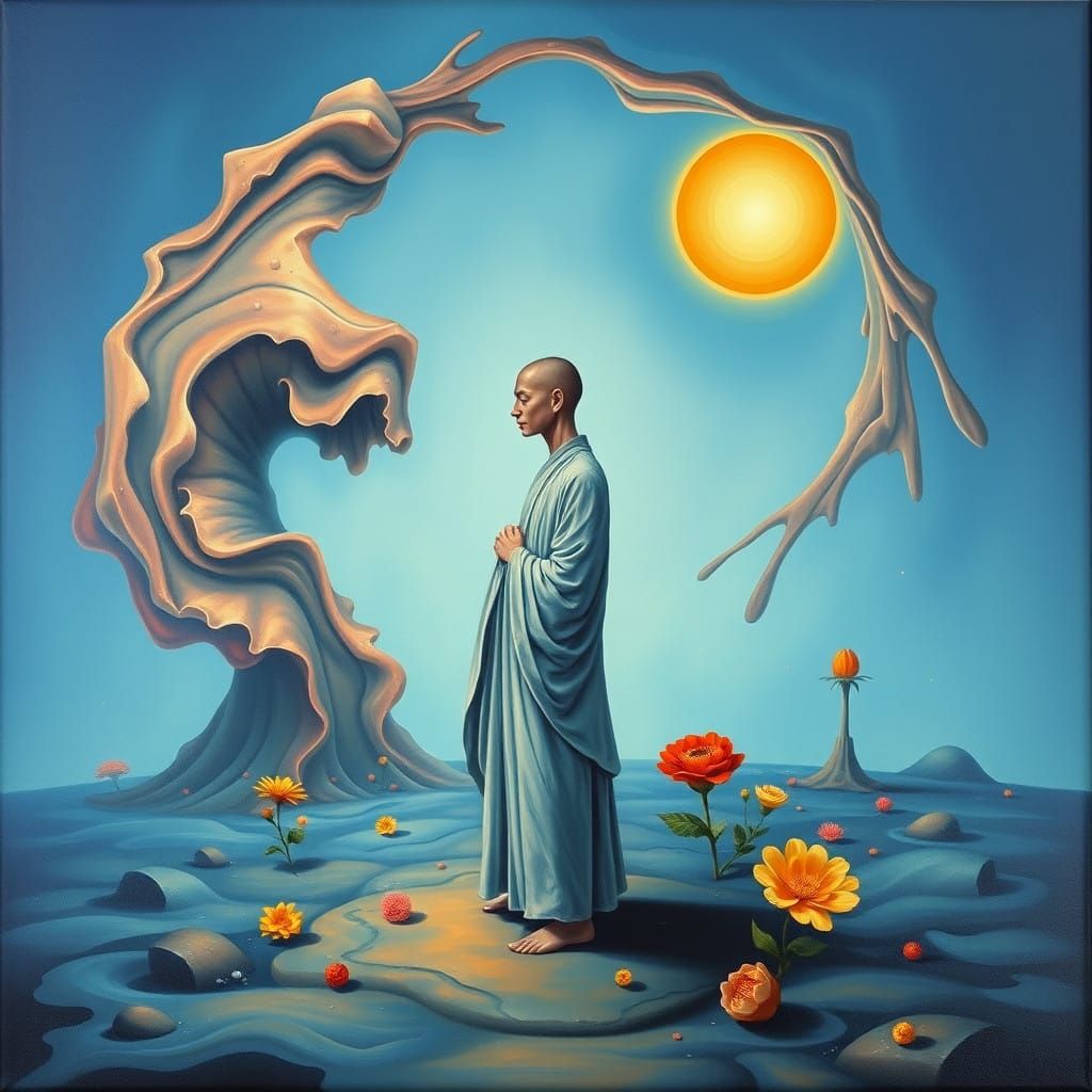 Dreamlike Buddhist Monk in Surrealist Landscape