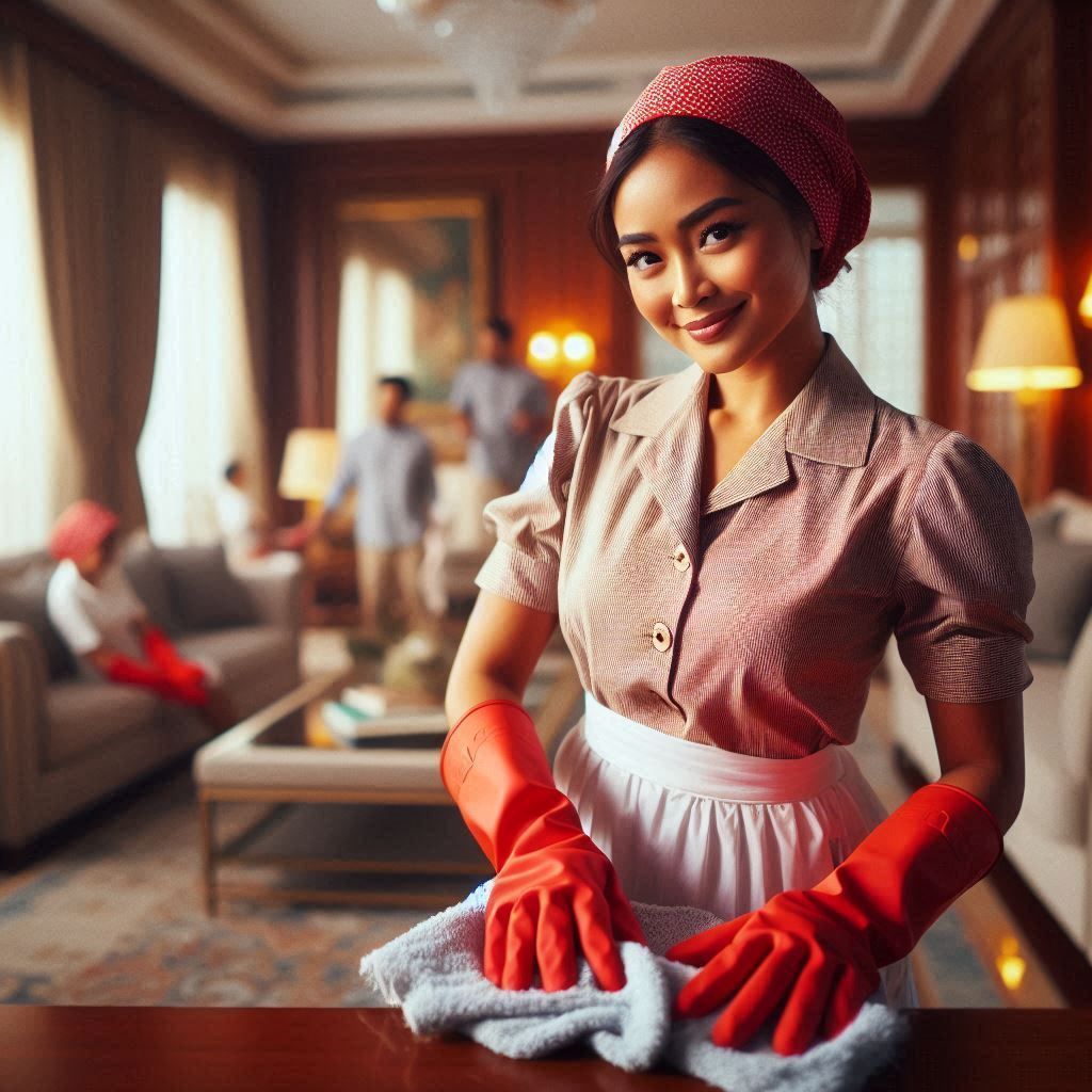 A Filipino domestic worker cleans the living room of a wealt...