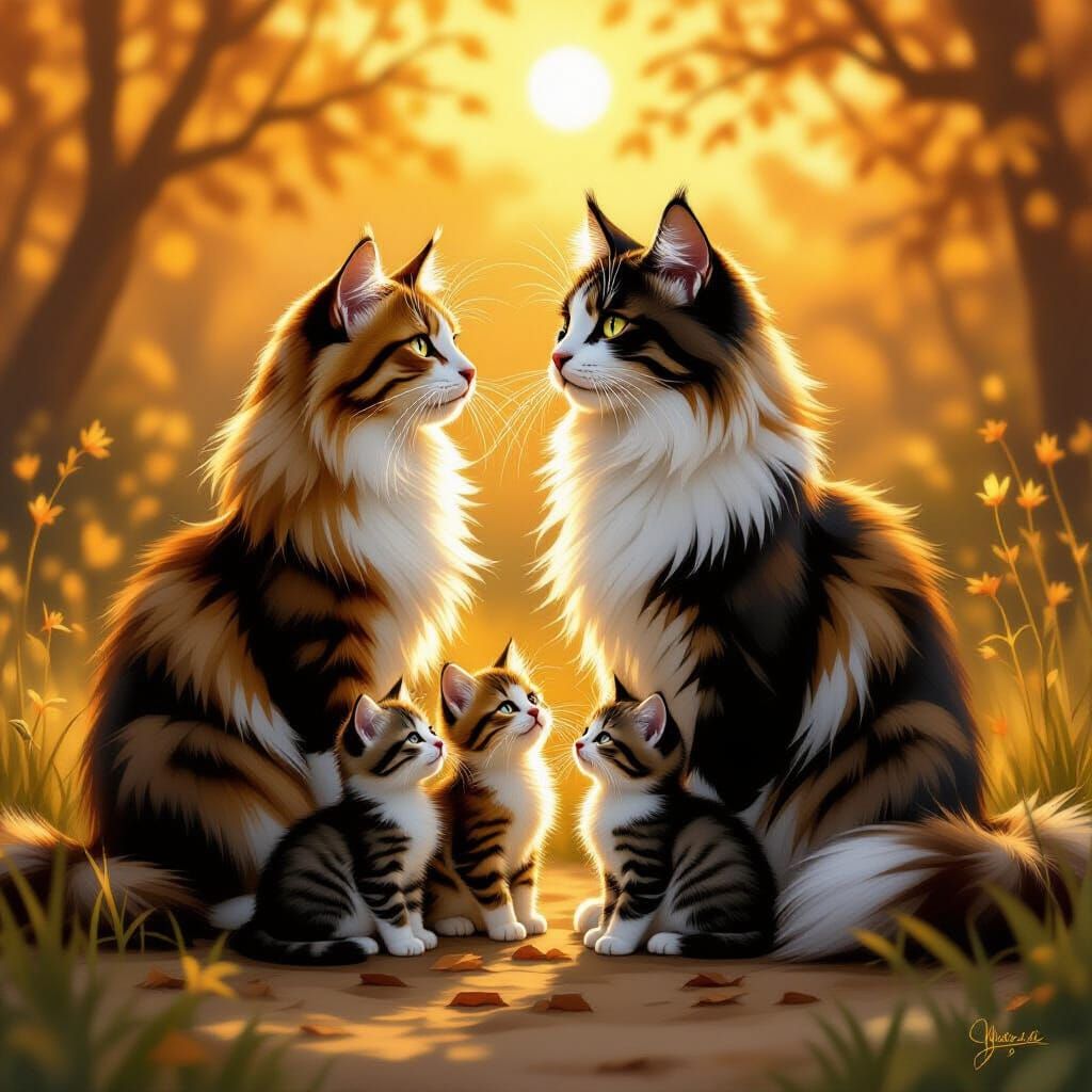 female she-cat standing next to tom cat, tails twined, their three kits standing in front of them
