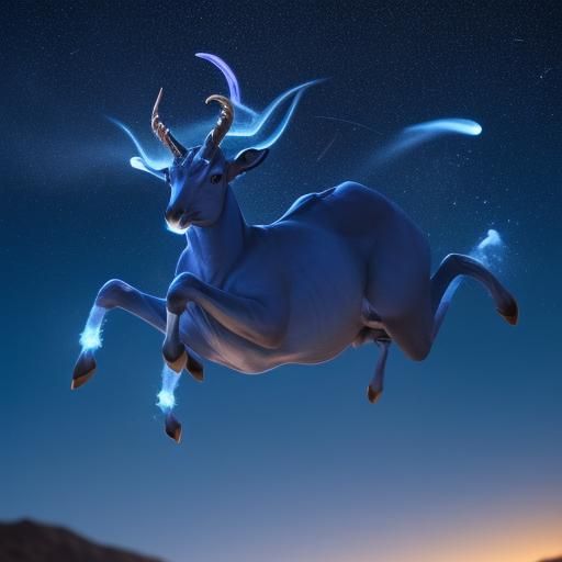 blue antelope leaping high in an early evening sky, stars sp...