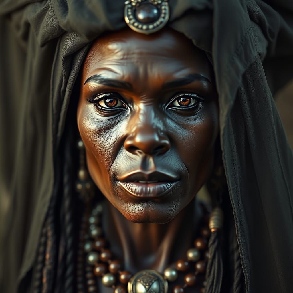 A silhouette portrait of a fantasy-themed Jamaican voodoo priestess with fiery dreadlocks and lava-like skin. The figure is superimposed on ...